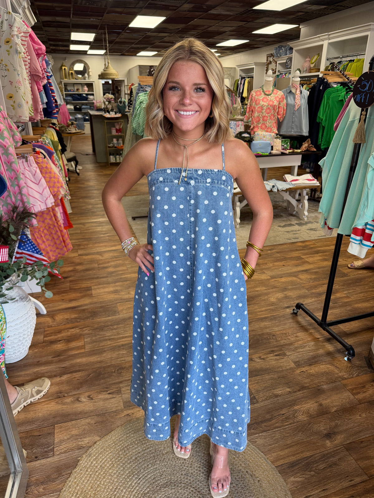 Denim Polka Dot Midi Dress
