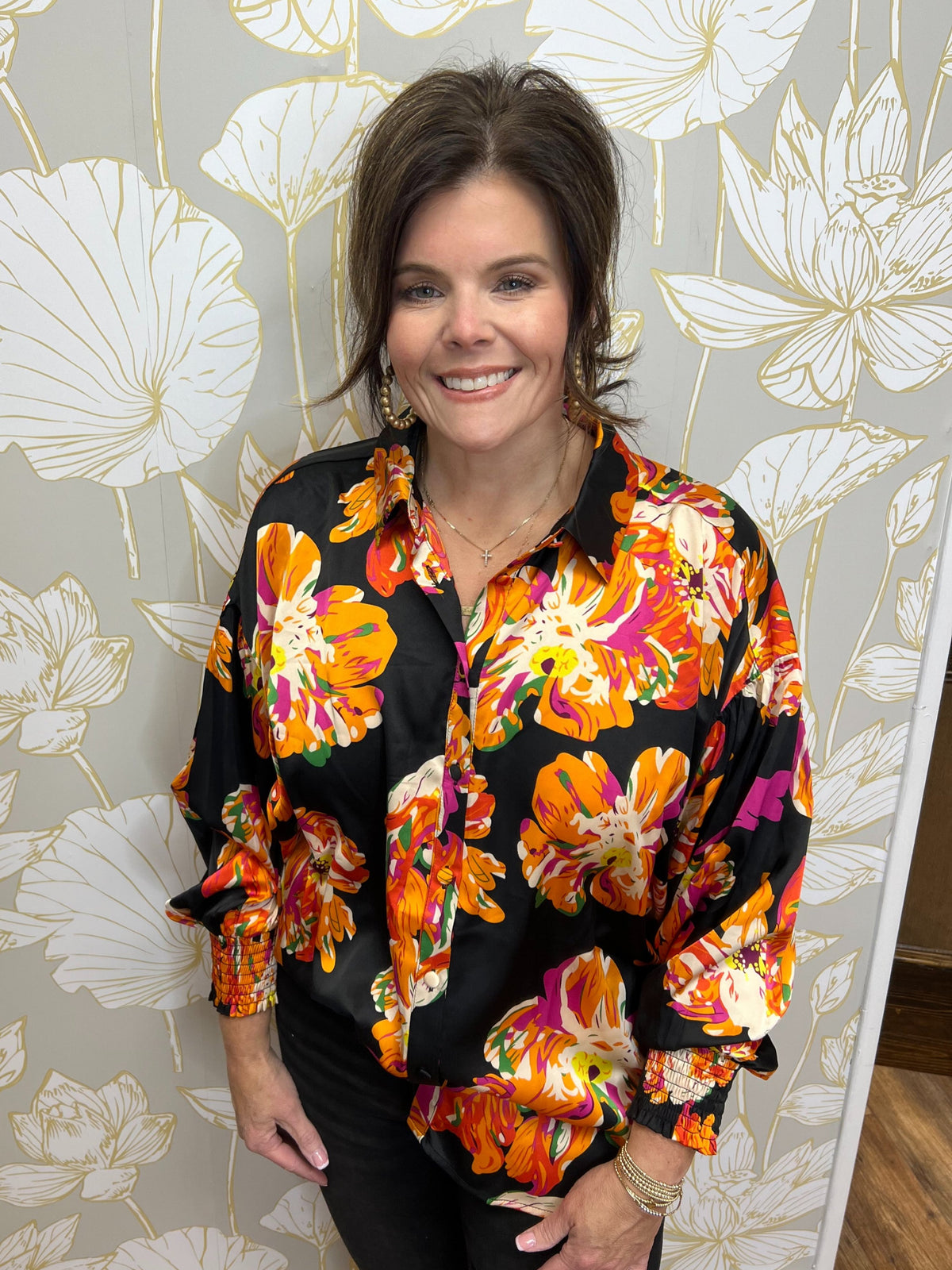 Black Silk Long Sleeve Top with Orange Flowers