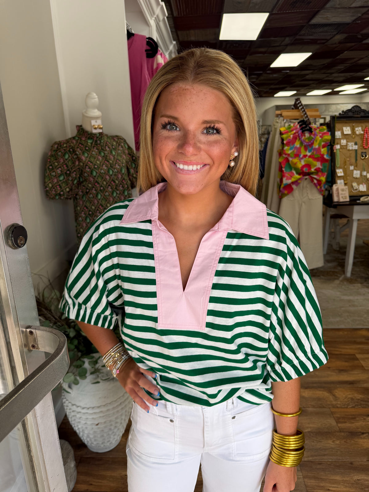 Green White Striped Combo Shirt