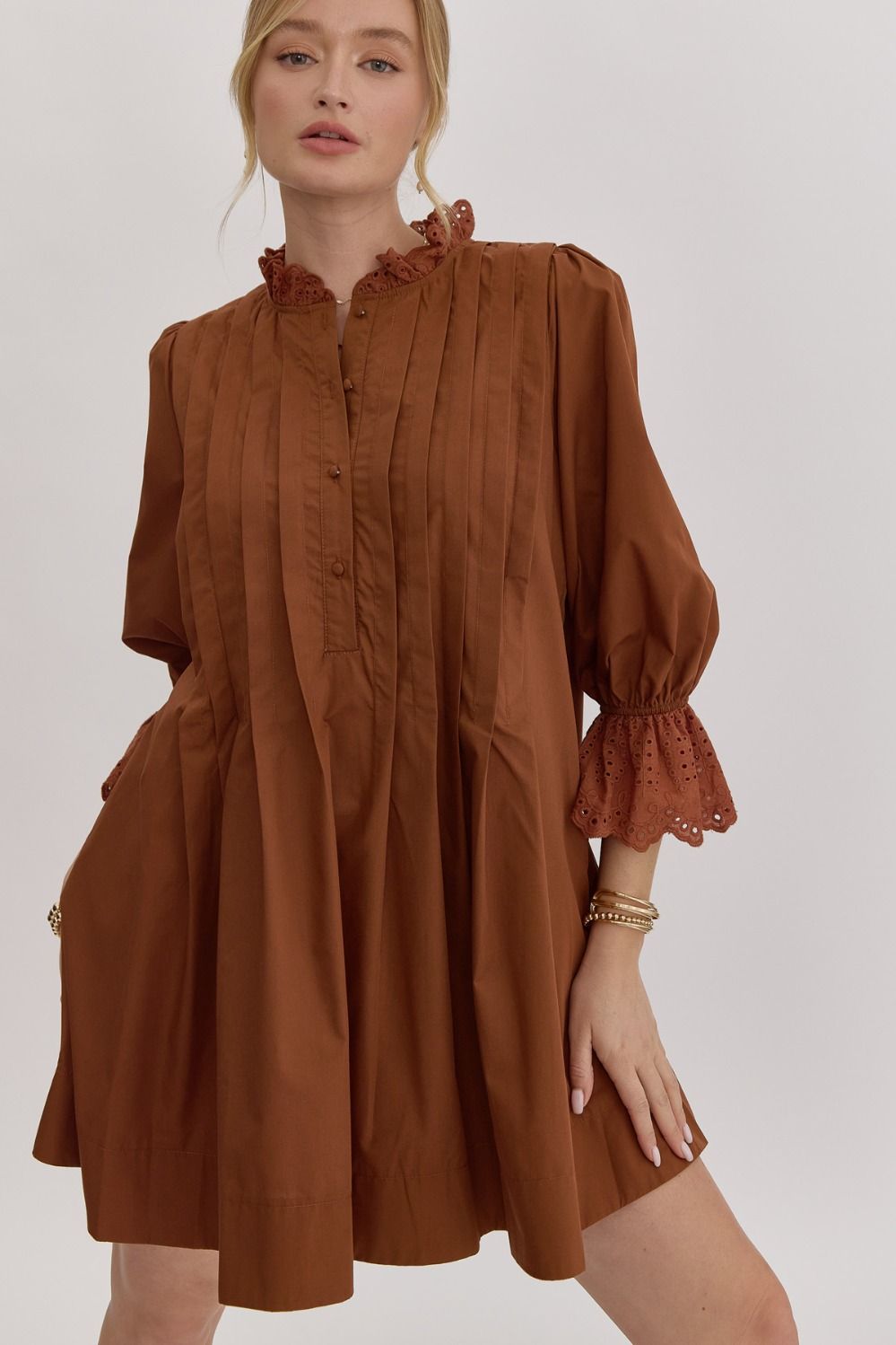 The Abby Pleat Mini Dress in Dark Caramel