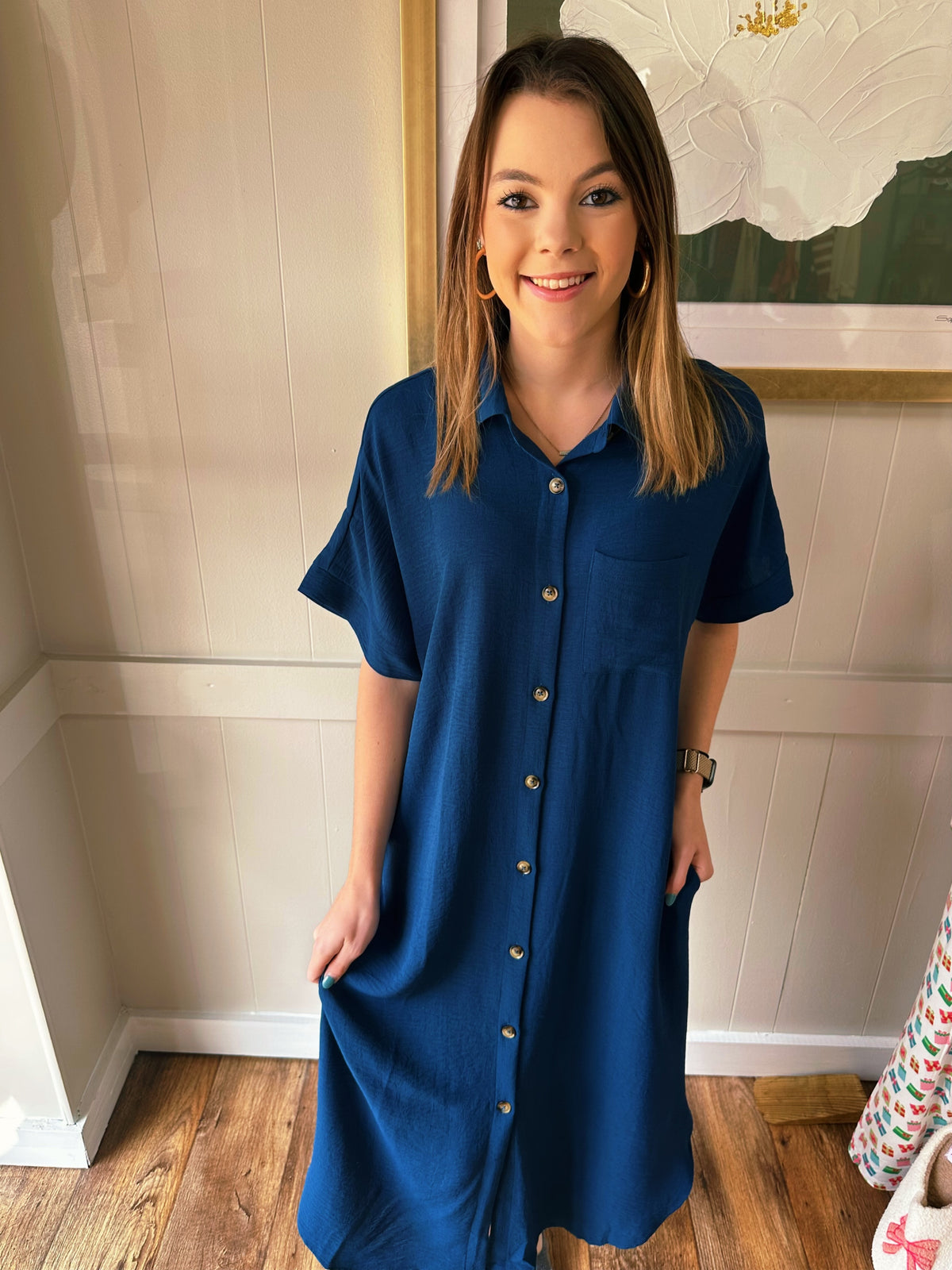 Solid Button Down Midi Dress in Ink Blue