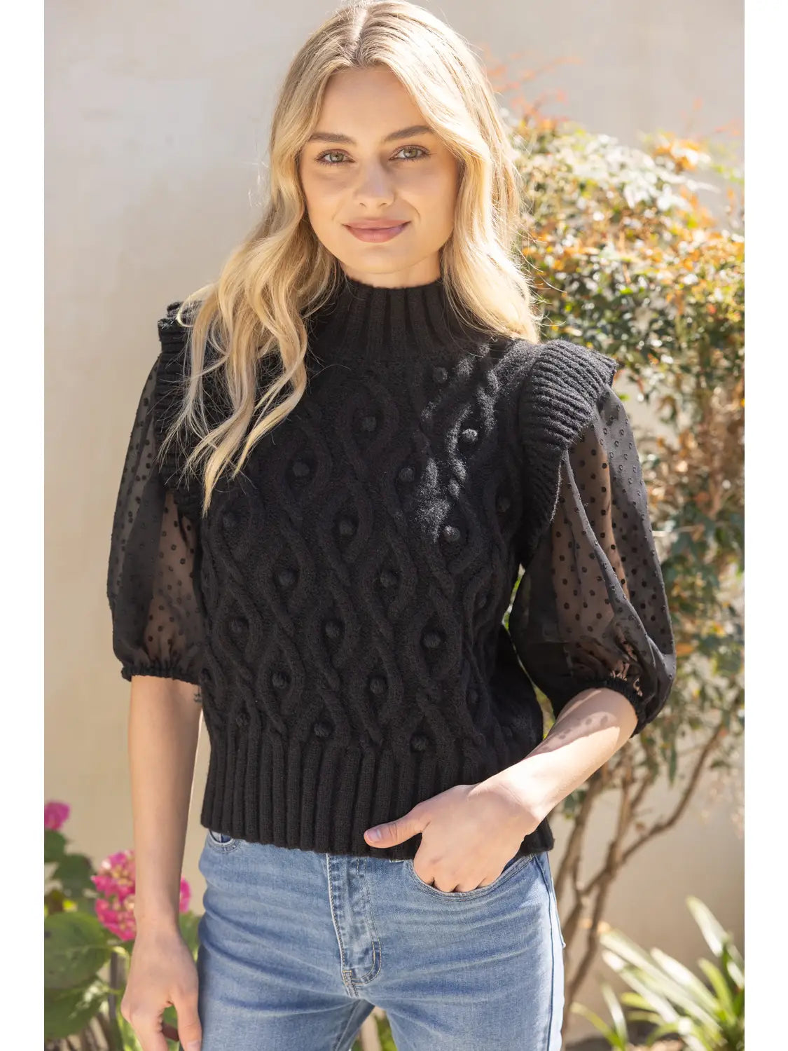 Black Cable Knit Polkadot Sweater