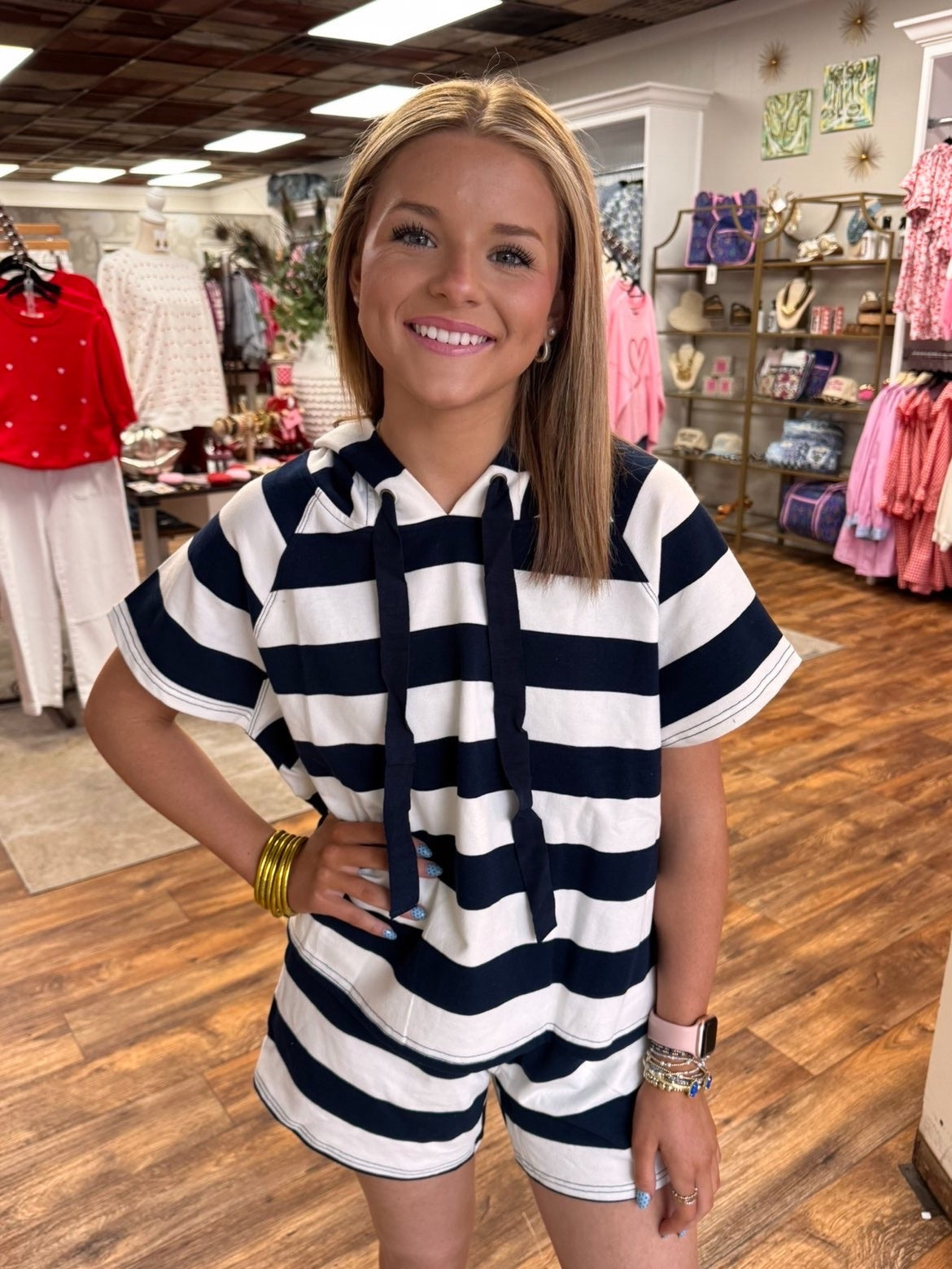 Navy and White Striped Shorts Set