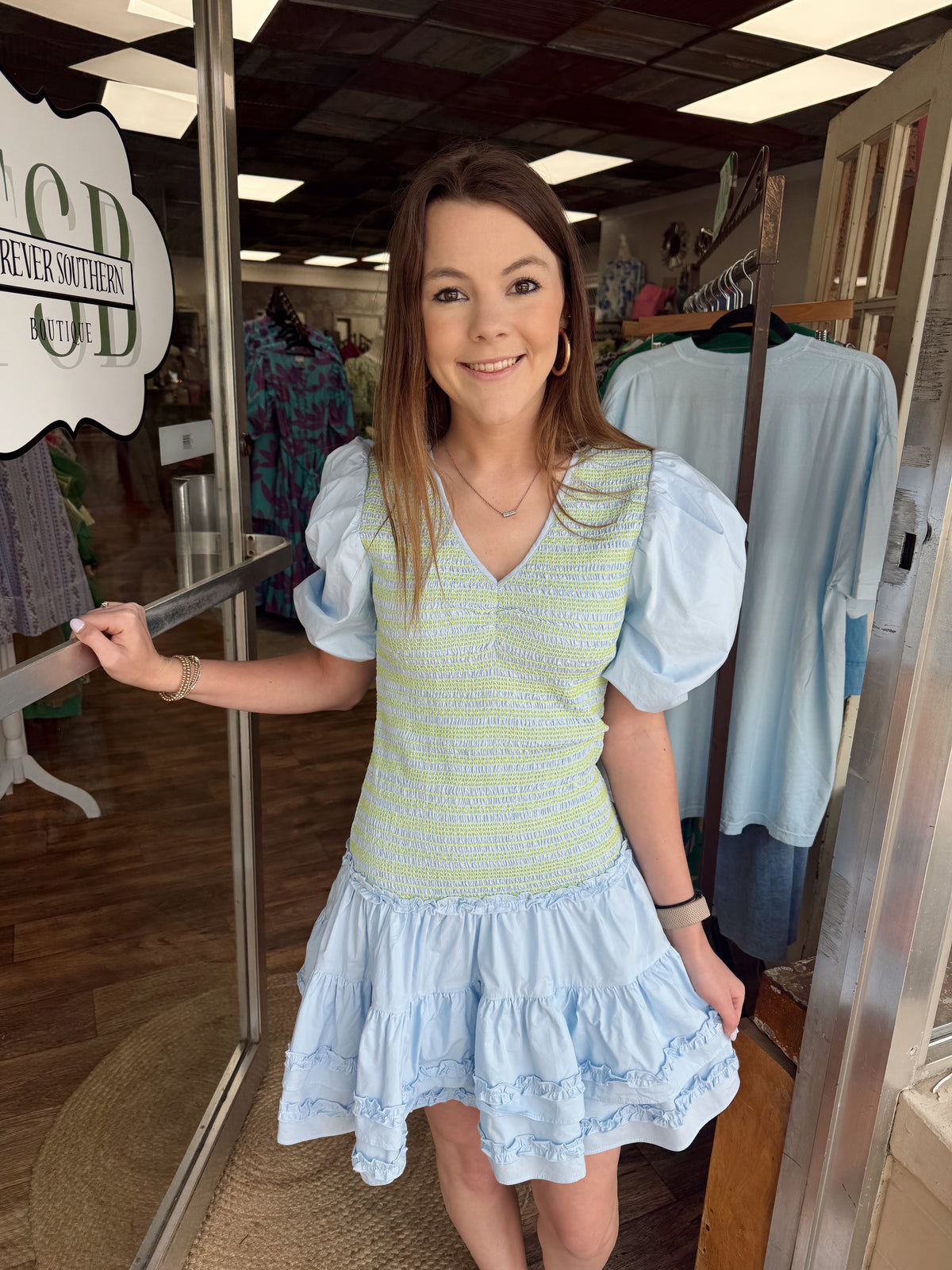 Solid Poplin V-Neck Smock Contrast Stitch