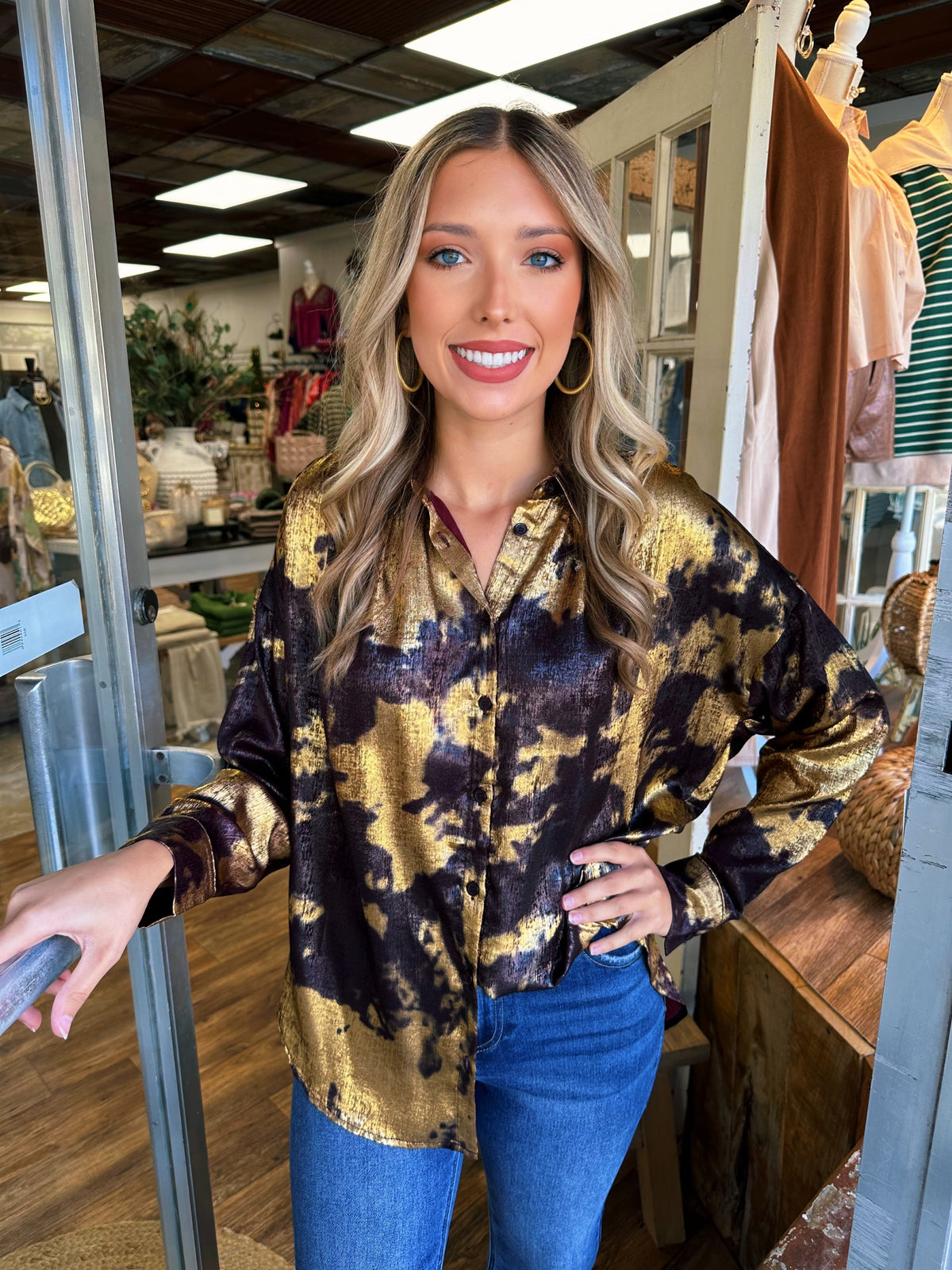 Burgundy Shimmer Long Sleeve Button Down Blouse