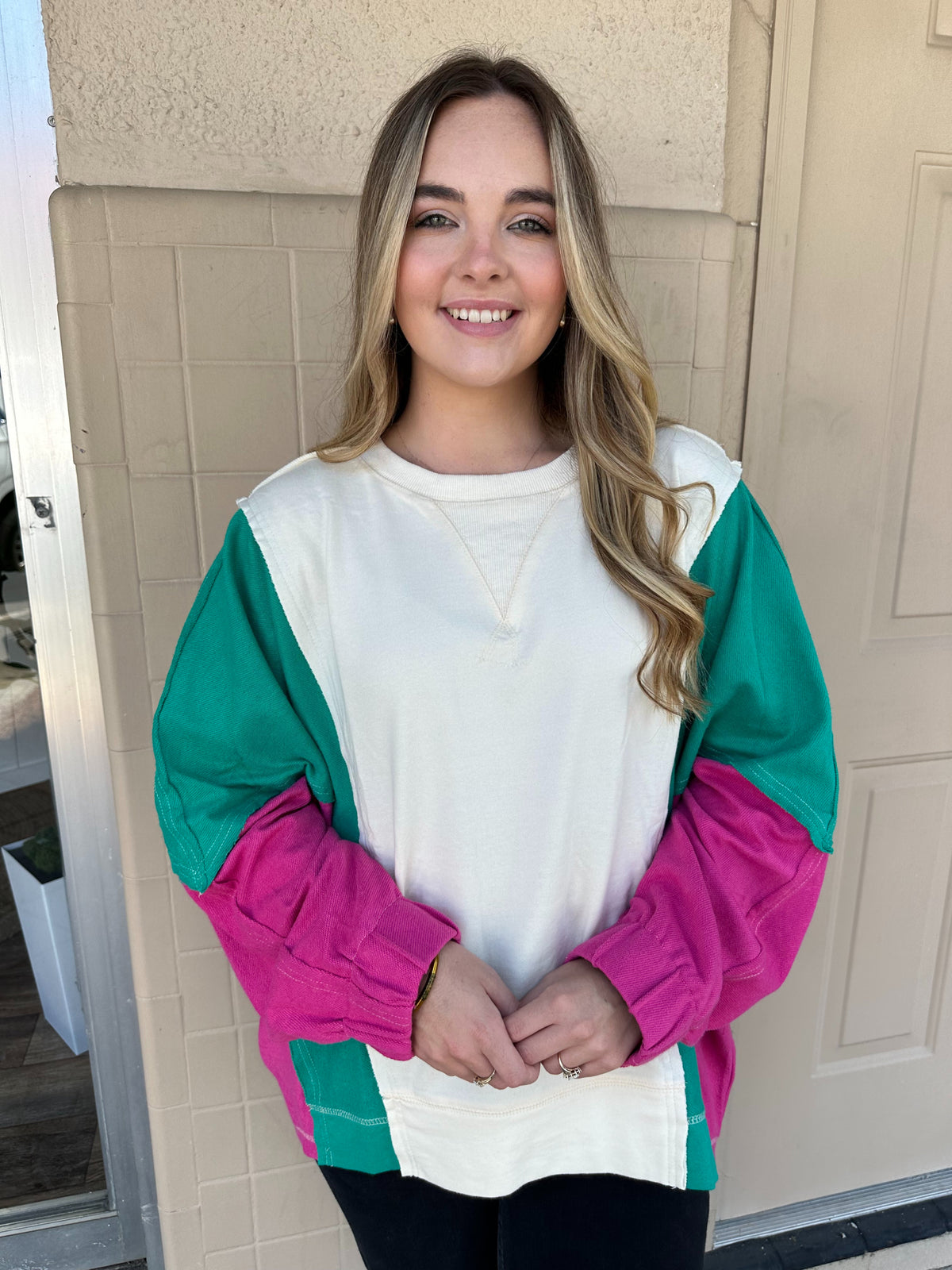 The Terry Cloth Color Block Sweatshirt in Emerald/Fuchsia