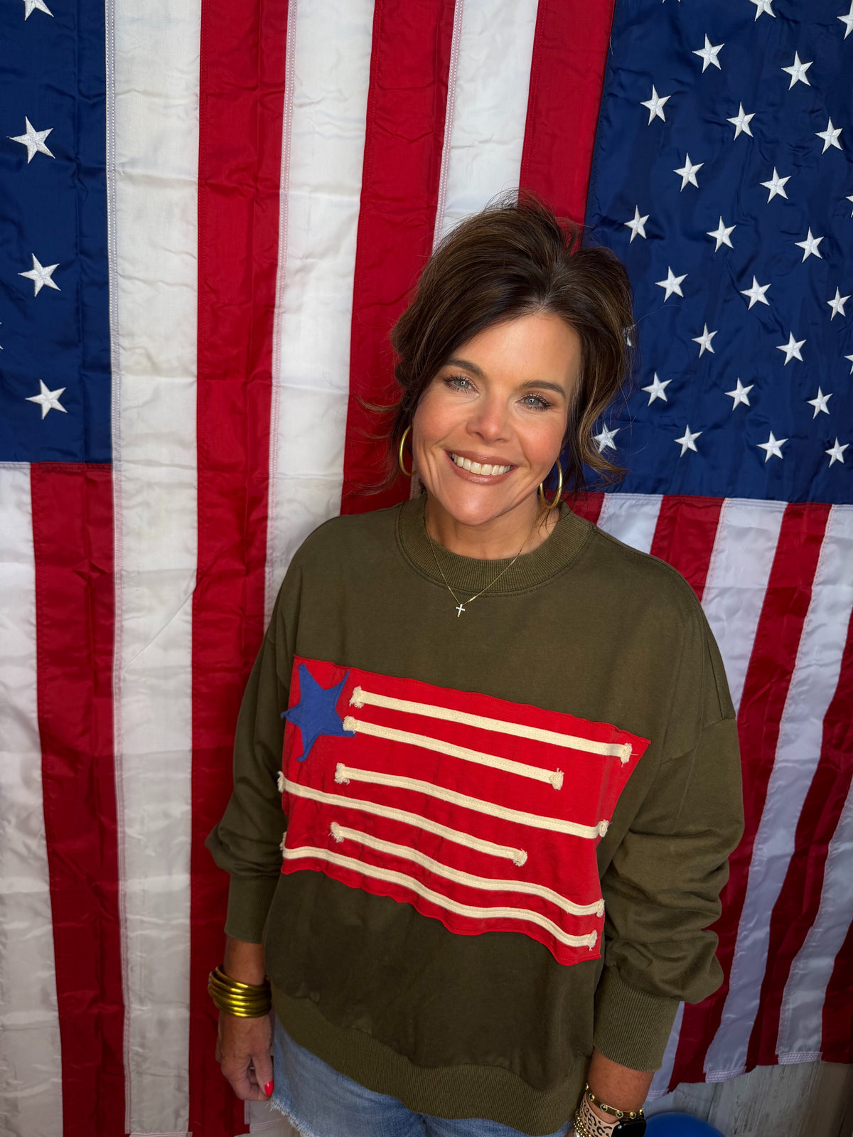 Olive American Flag Pullover