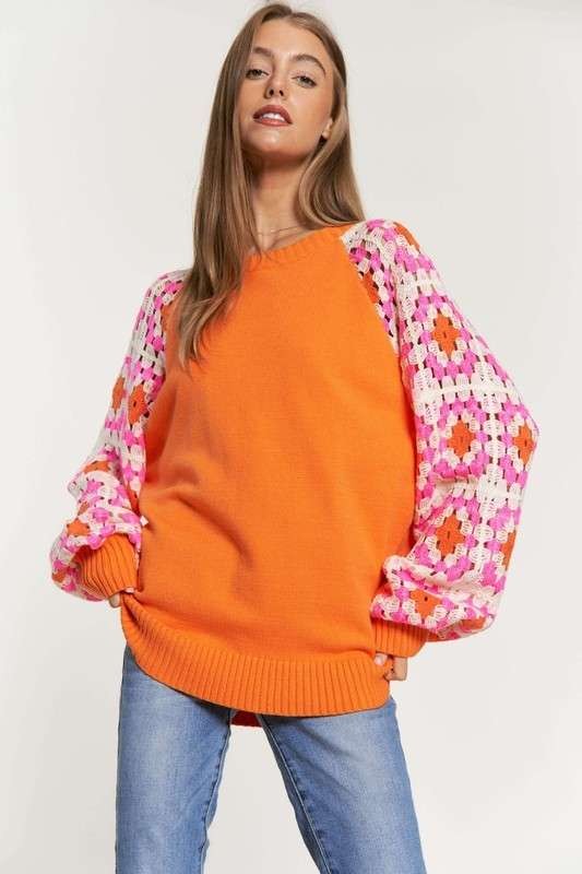 Detailed Crochet Knit Sweater in Orange