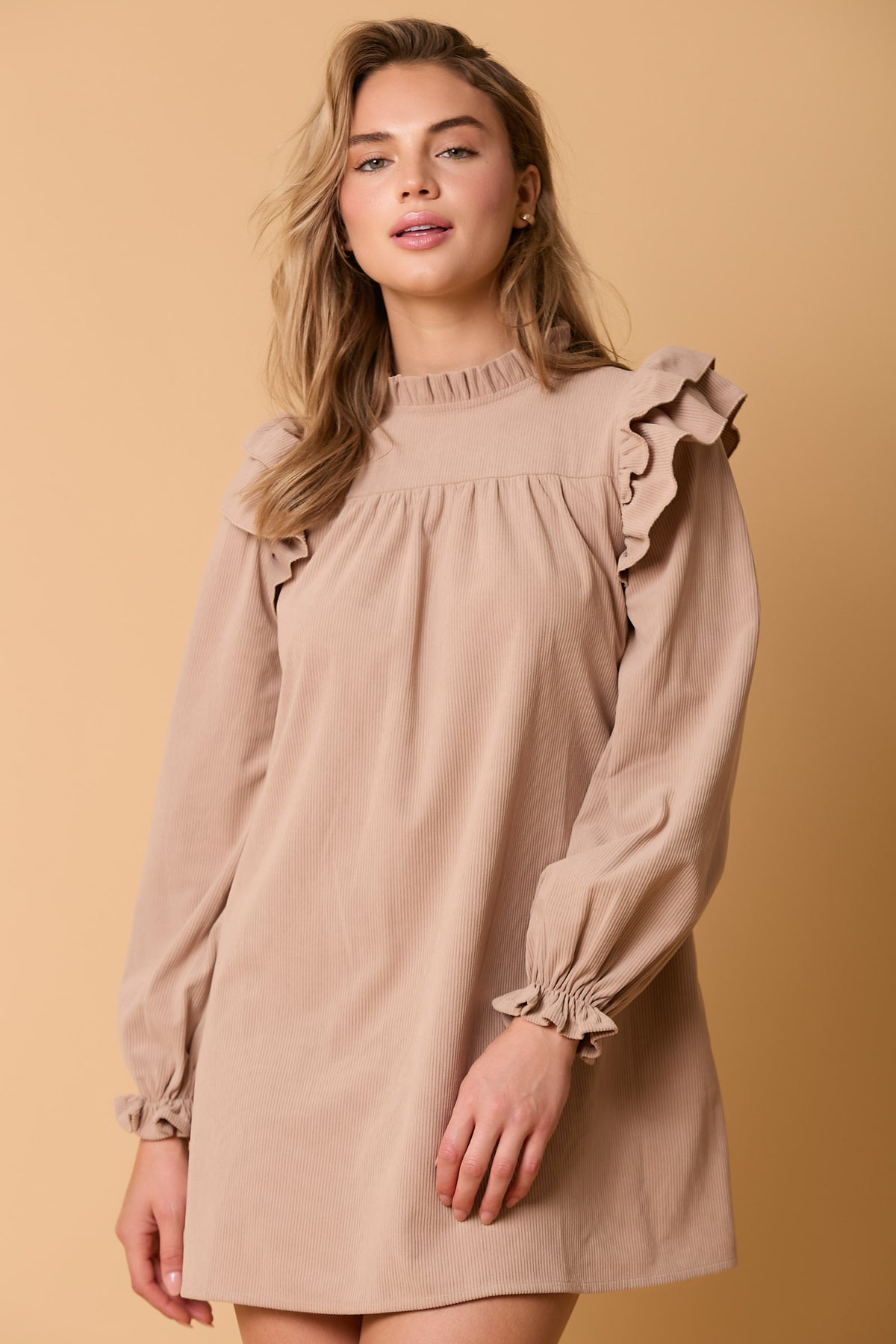 Corduroy Ruffle Sleeve Mini Dress