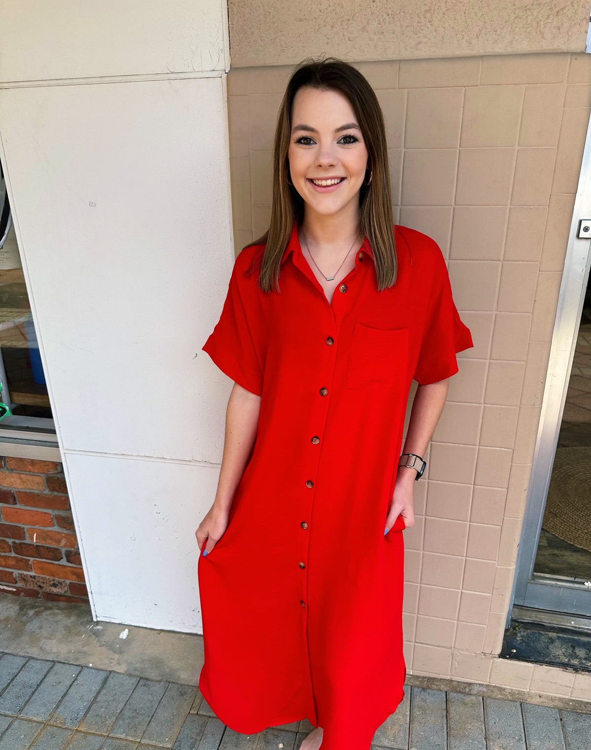 Solid Button Down Midi Dress in Red