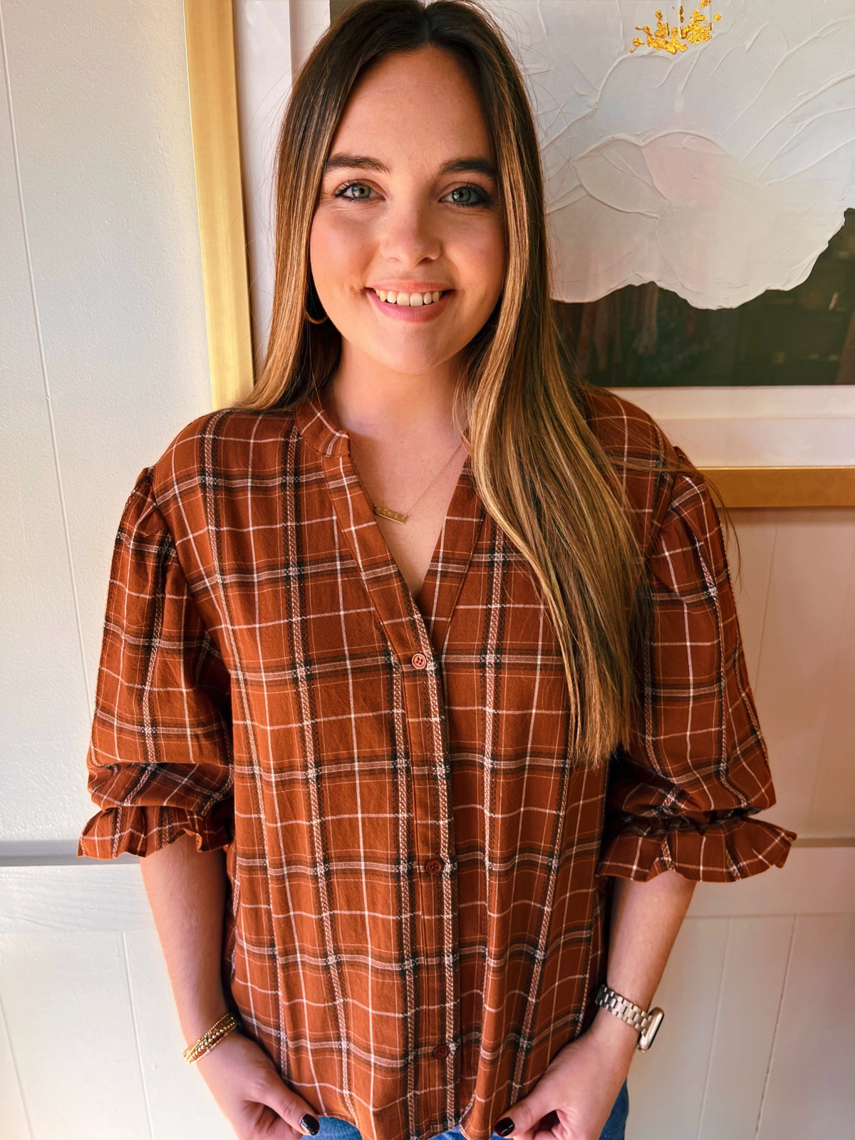 Brown Plaid Button Down Blouse