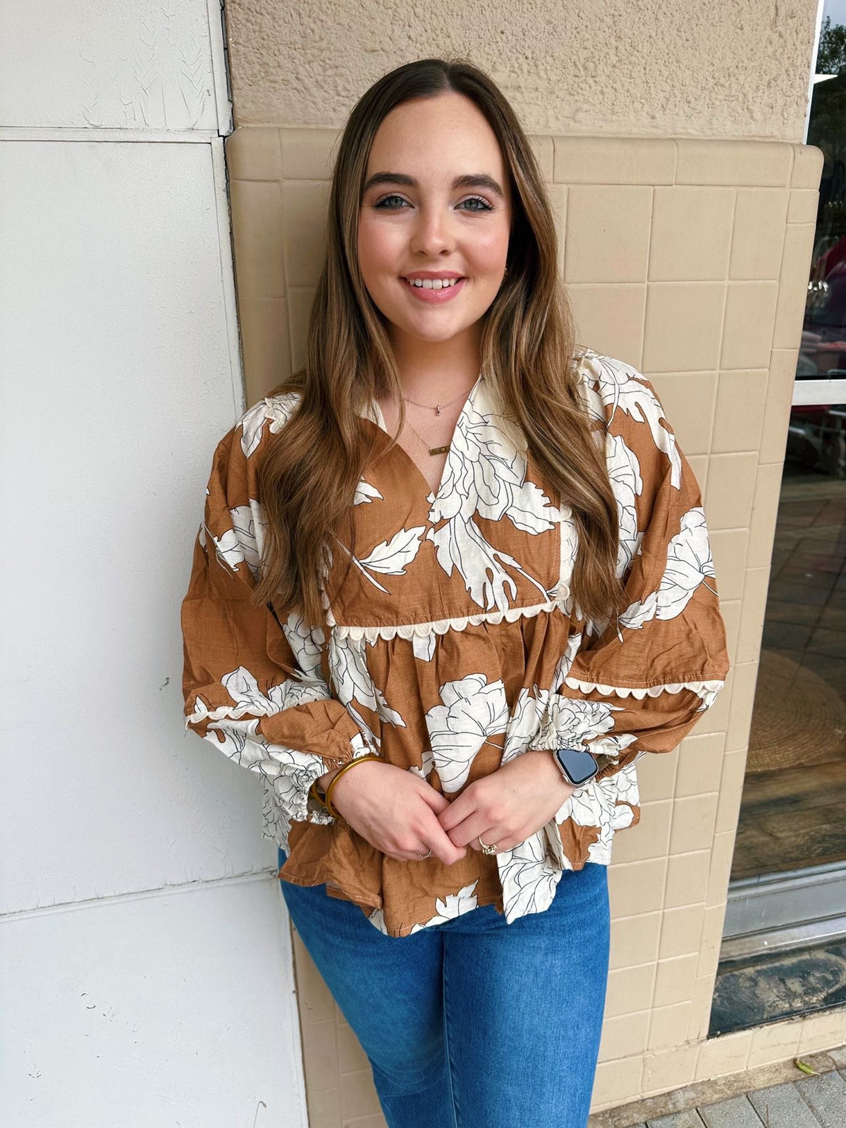 Cream and Camel Floral Print Blouse