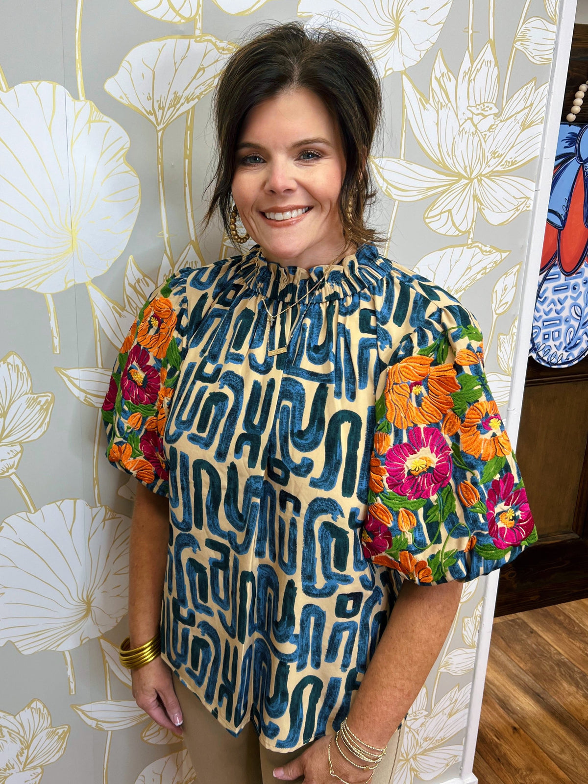 Navy and Beige Embroidered Sleeve Blouse