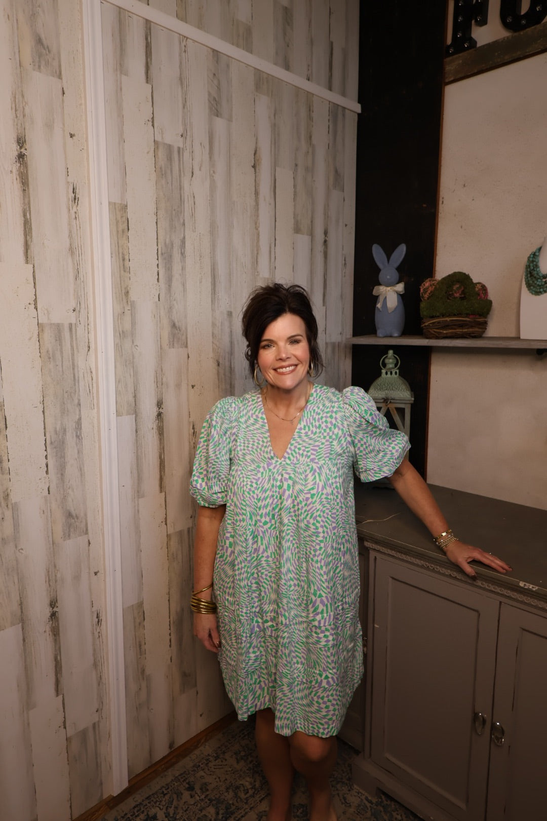 Disco Puff Sleeve V Neck Dress |KARLIE