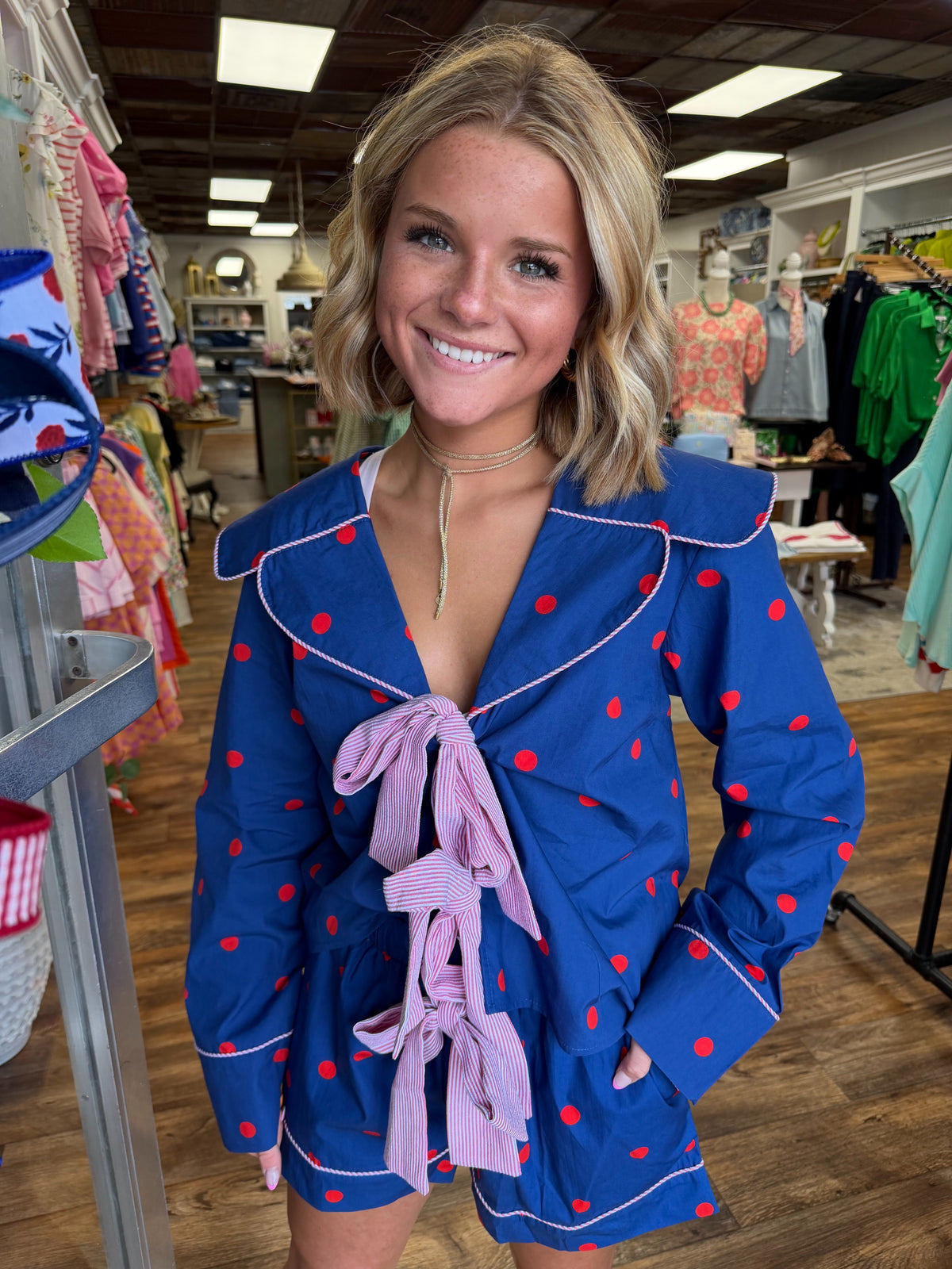 Navy and Red Polka Dot Pajama Set