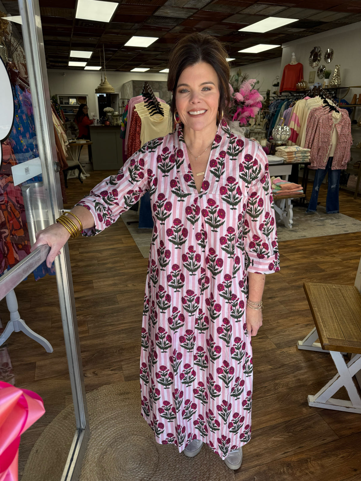 Pink Blooms Striped Caftan Dress