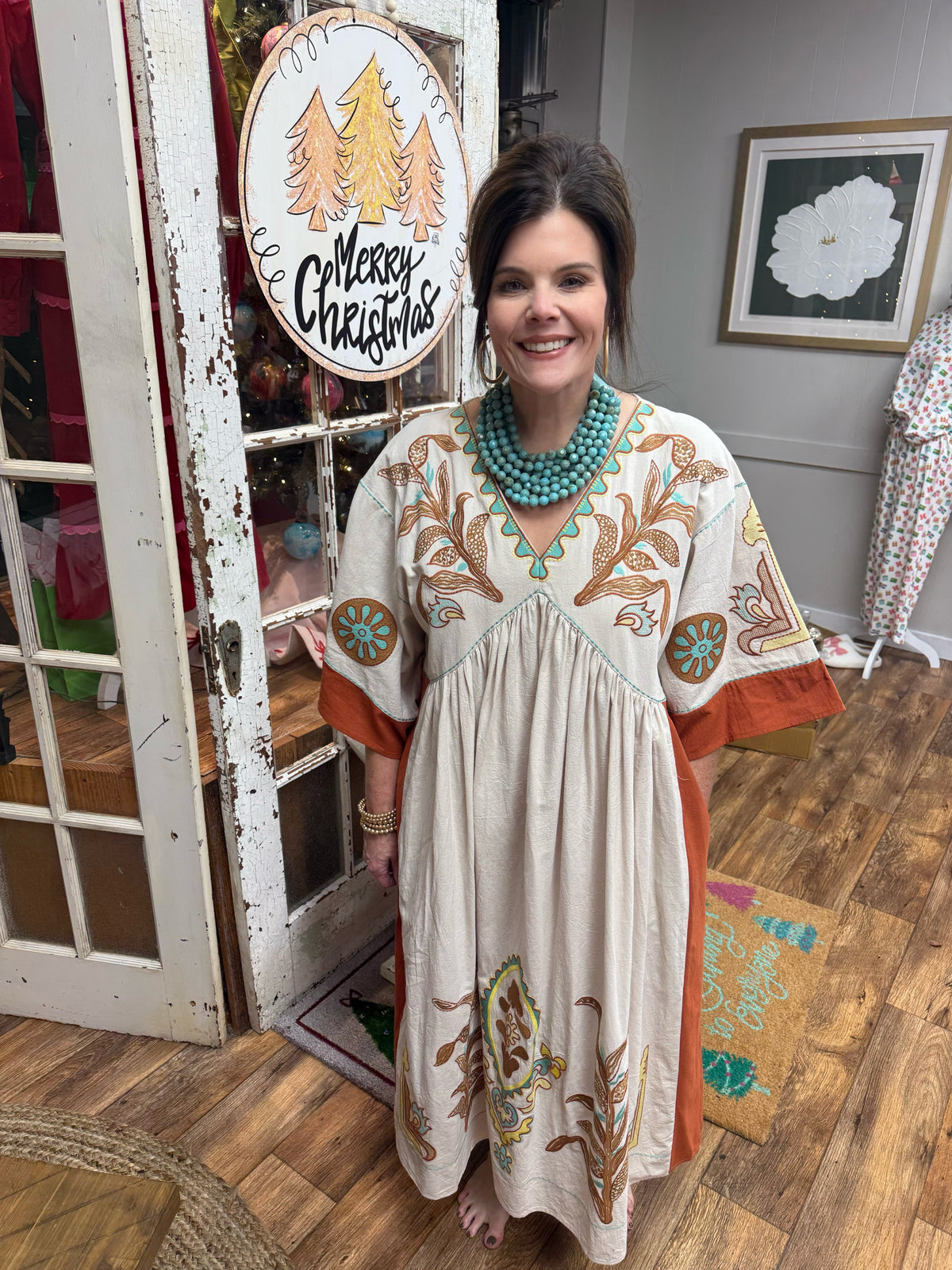 Boho Midi Dress in Taupe/Rust