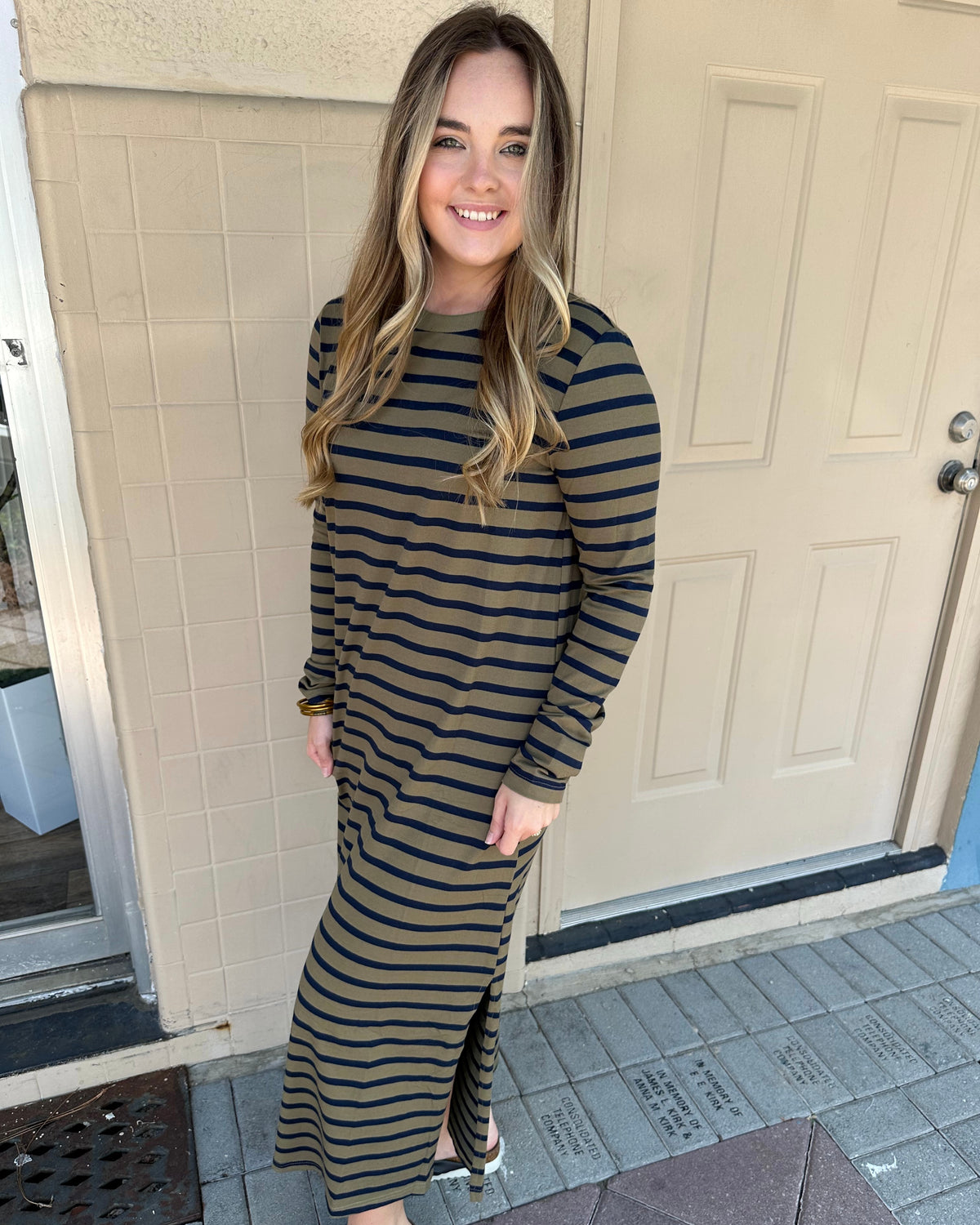 The Striped Casual Midi Dress in Olive