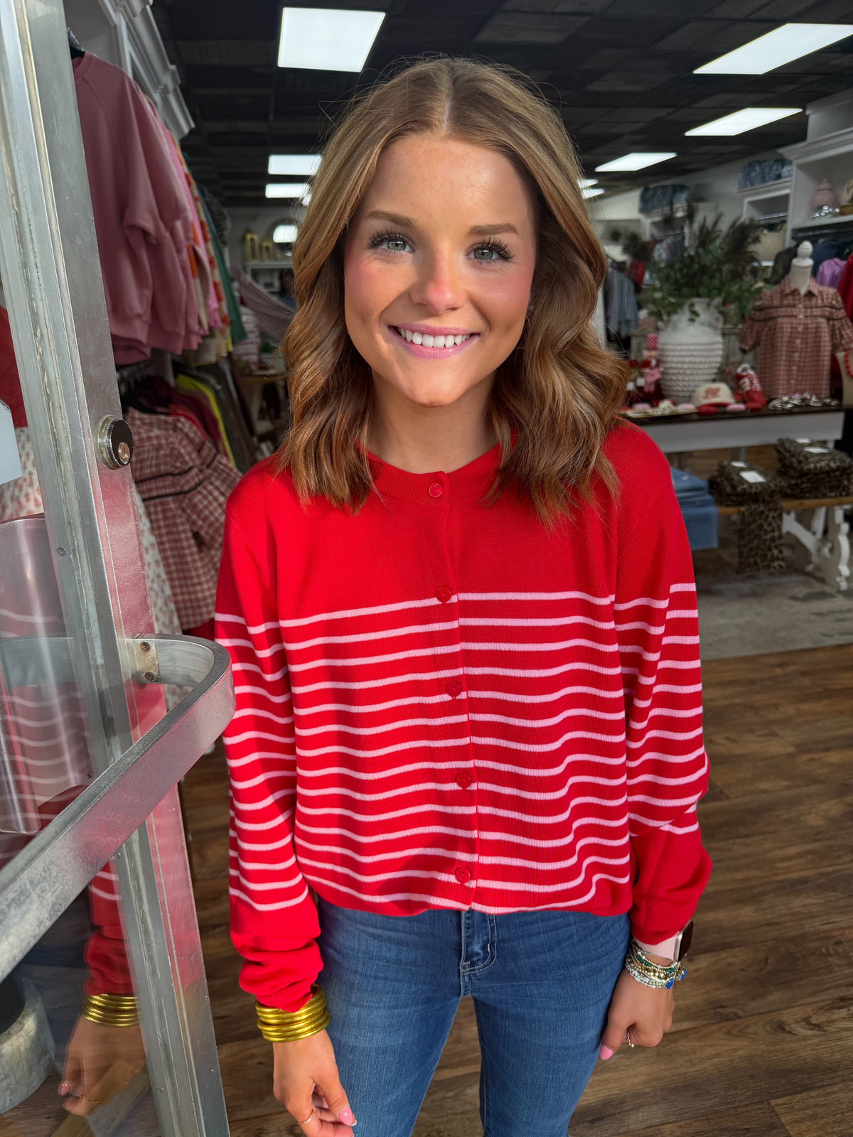 Red/Pink Striped Button Down Cardigan