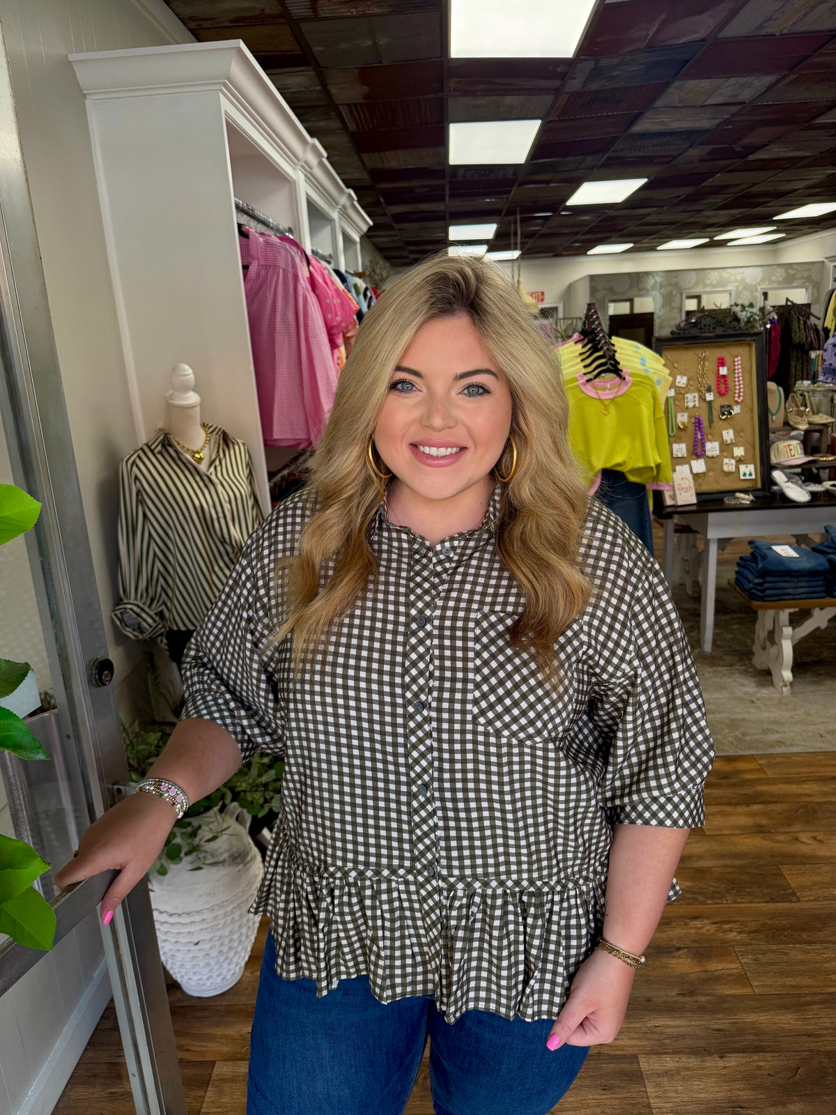 The Olive Gingham Plus Top