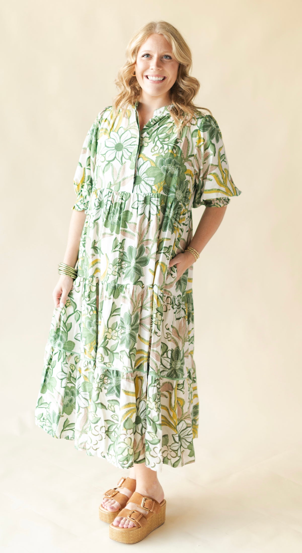 Green Floral Tiered Midi Dress