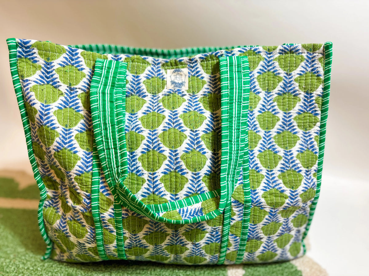 Green Blooms Quilted Tote Bag