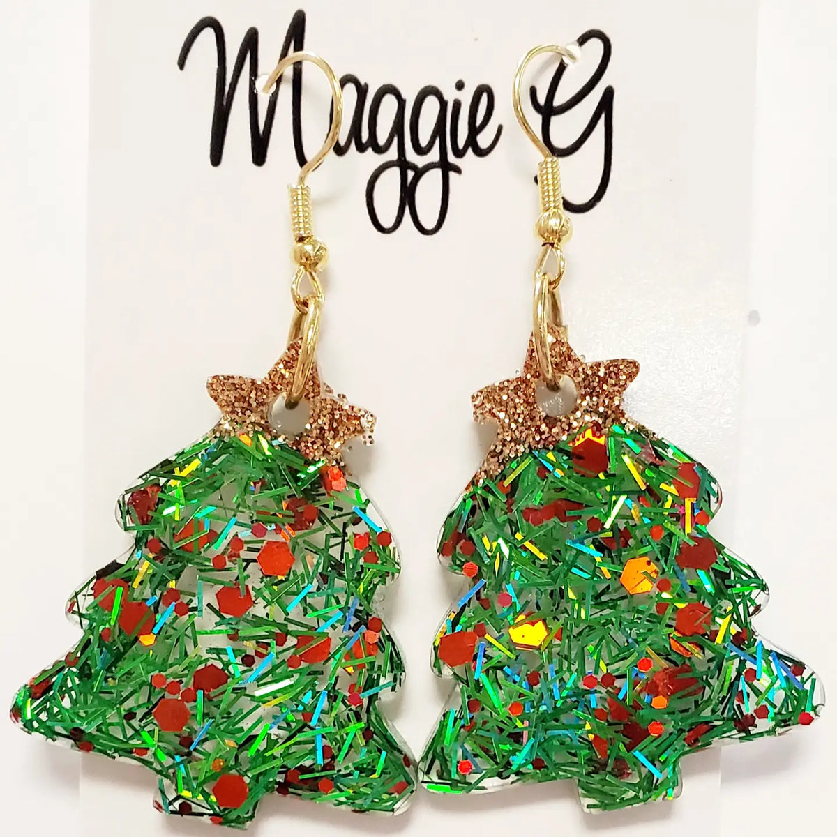 Green Glitter Christmas Tree Earrings