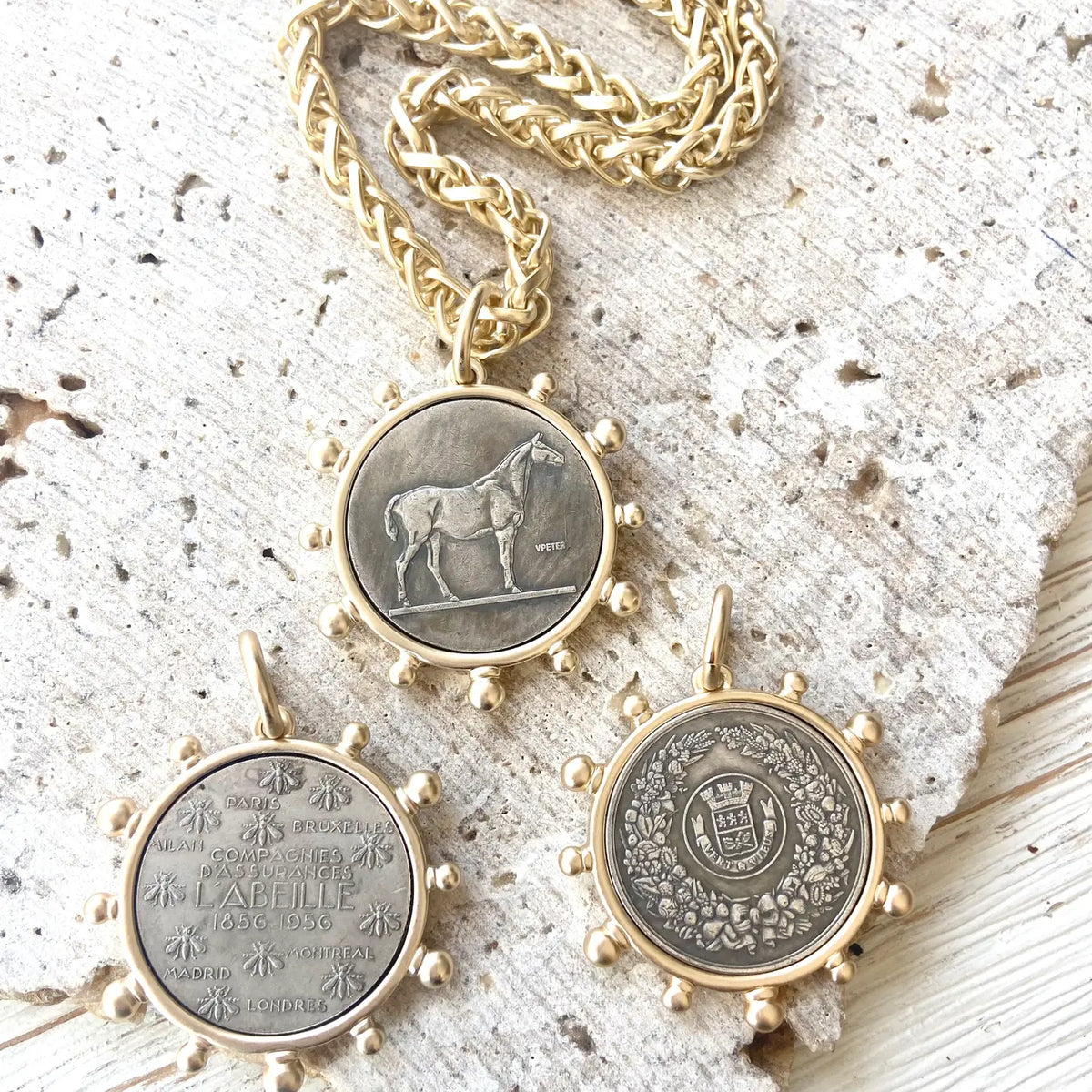 Matte Gold Horse French Bee Coin Necklace