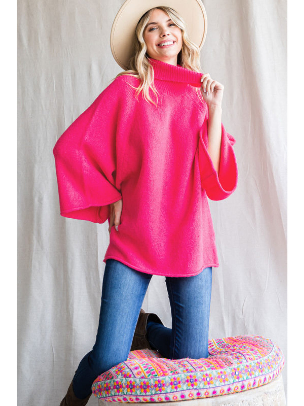 Bell Sleeve Mock Neck Sweater in Hot Pink