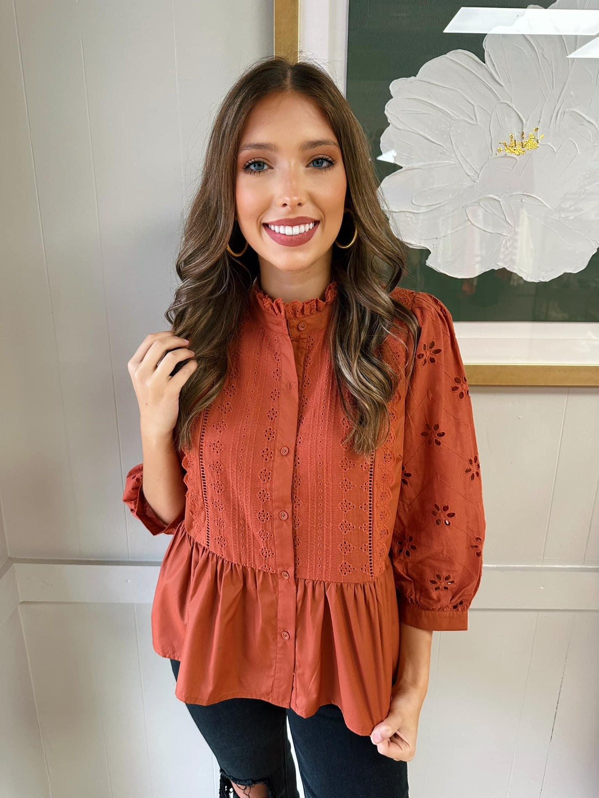 Eyelet Button Up Blouse in Rust