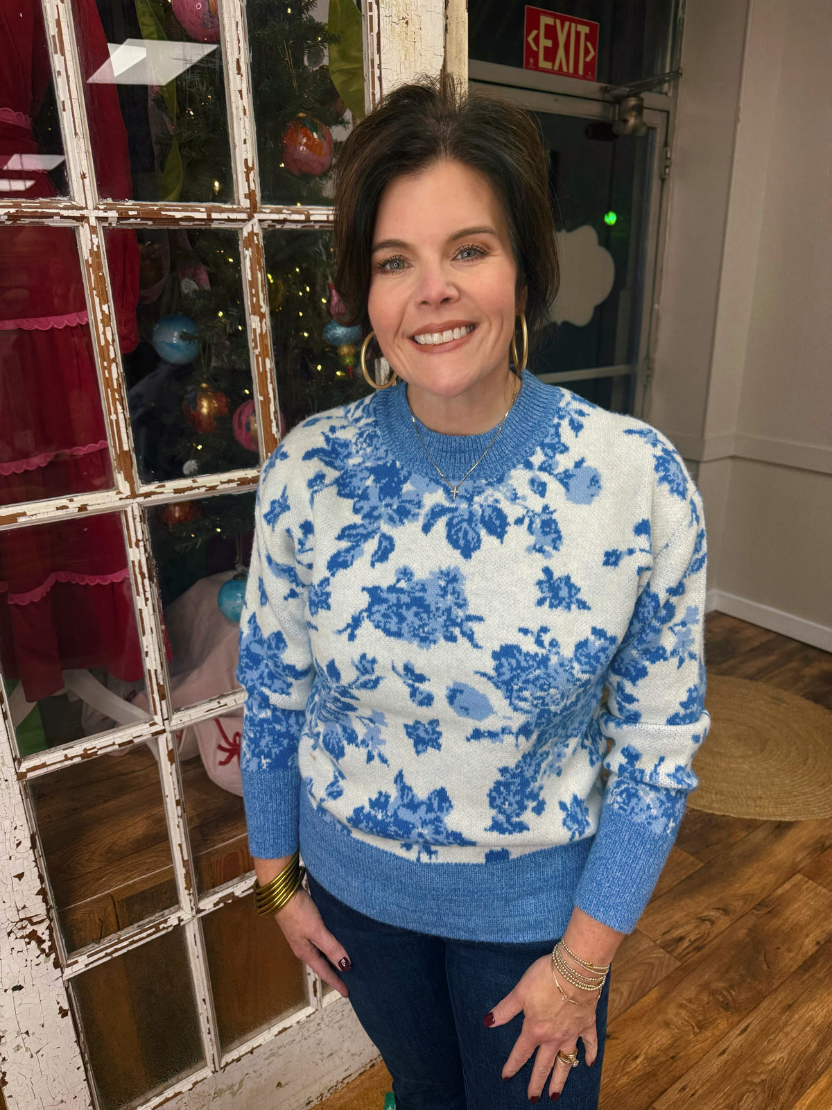 Blue and White Floral Sweater