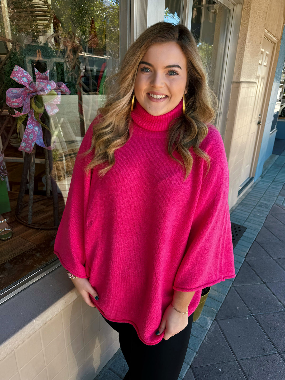 Bell Sleeve Mock Neck Sweater in Hot Pink