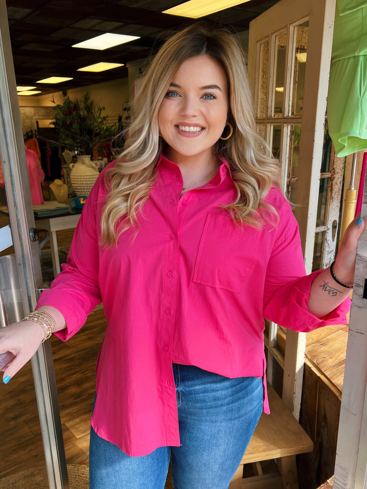 Oversized Button Down Shirt in Raspberry