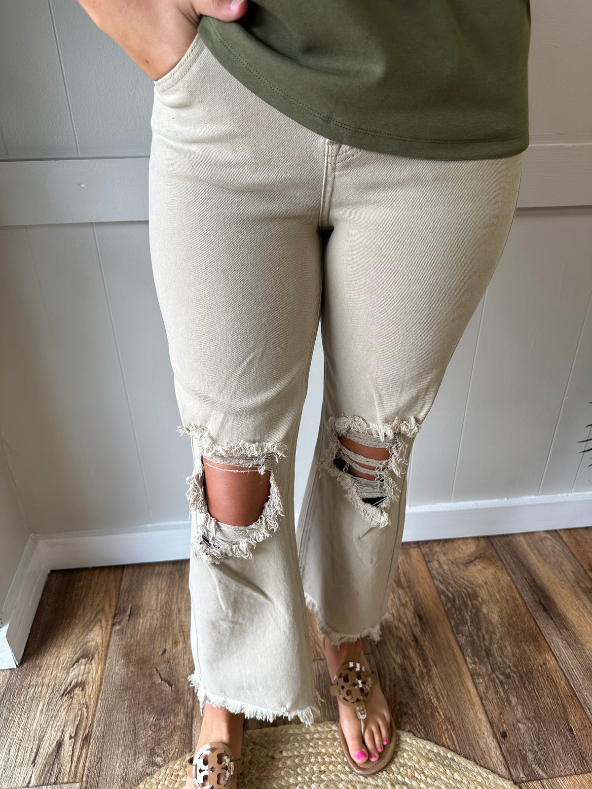 High Rise Cropped Distressed Jeans in Sand