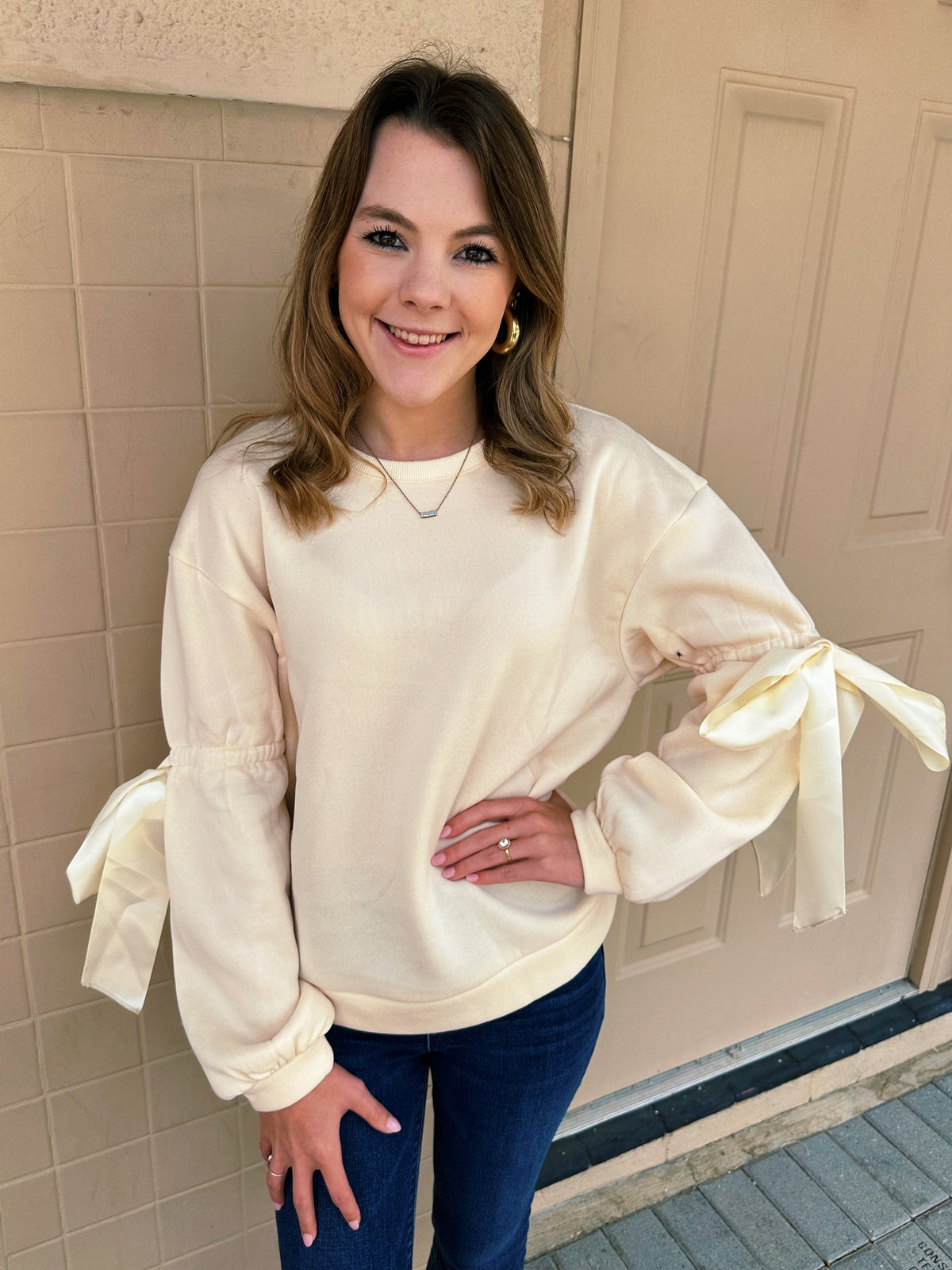 Long Sleeve Bow Pullover in Cream