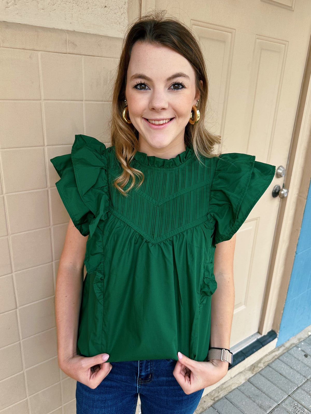 Ruffle Sleeve Blouse in Hunter Green