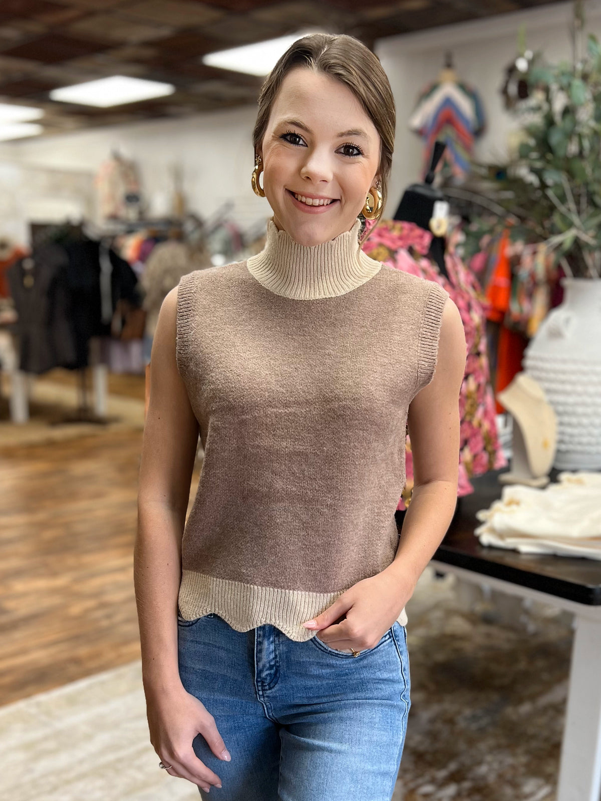 The Short Sleeve Turtle Neck Sweater in Taupe