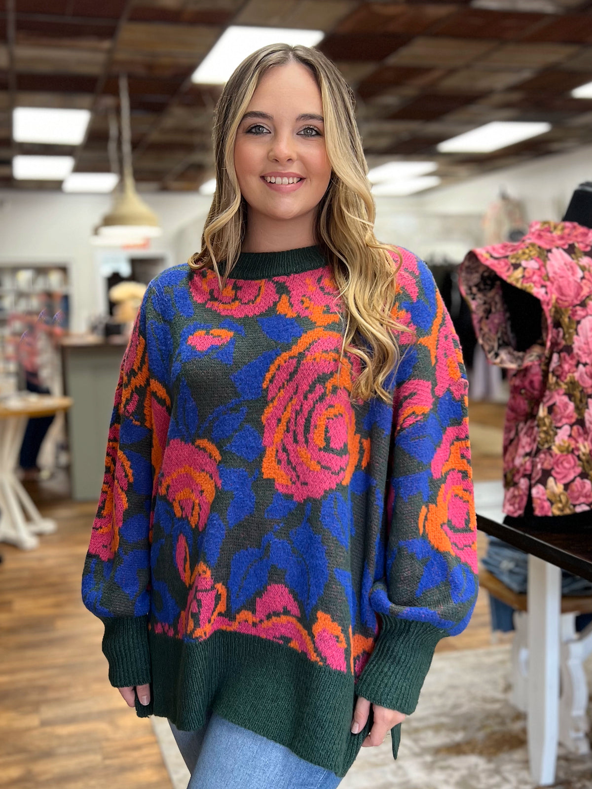 Floral Plus Sweater in Hunter Green