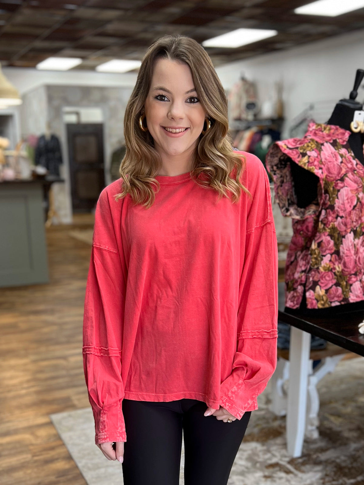 Oversized Long Sleeve Tee in Strawberry