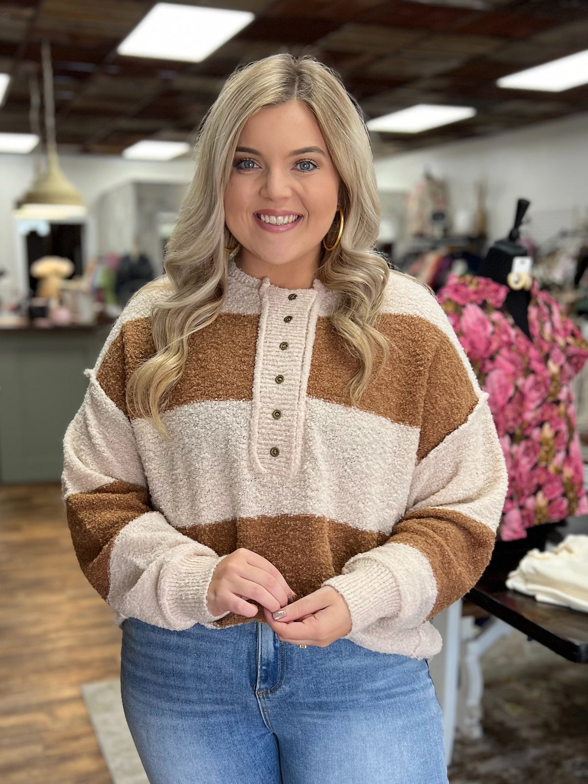 Striped Button Up Sweater in Cream/Brown