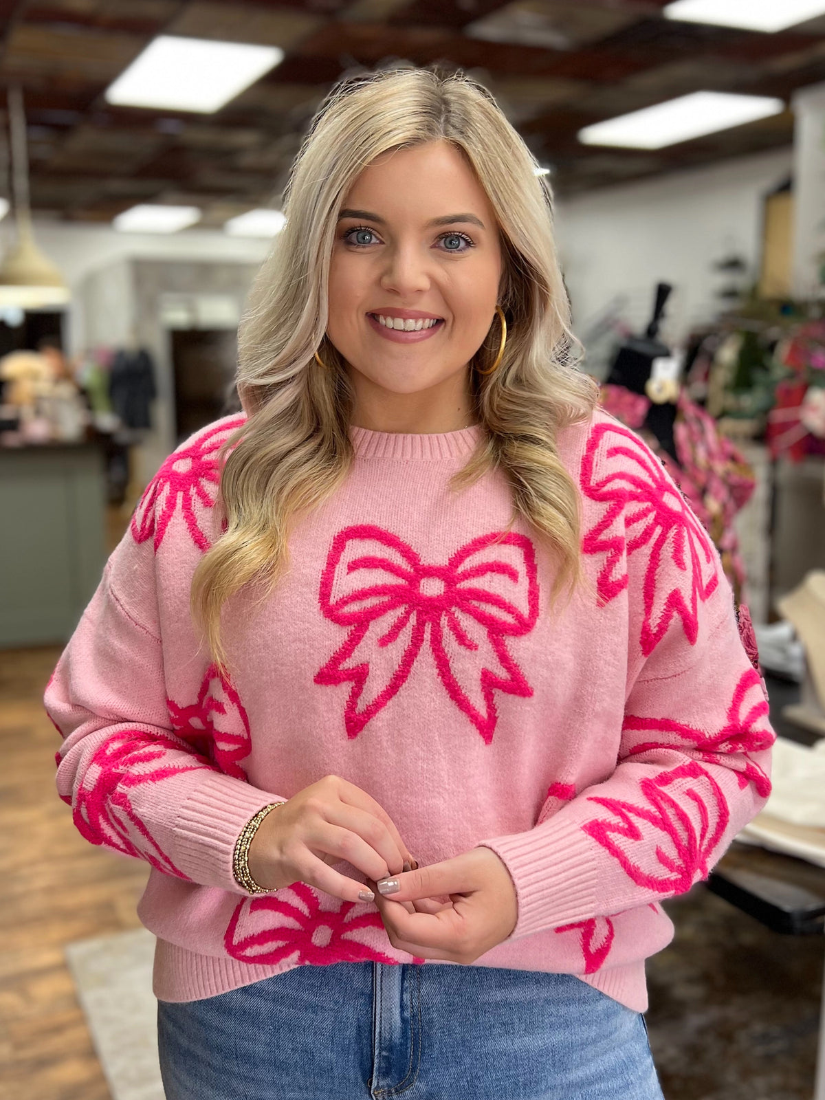 All Over Bow Loose Fit Sweater in Pink