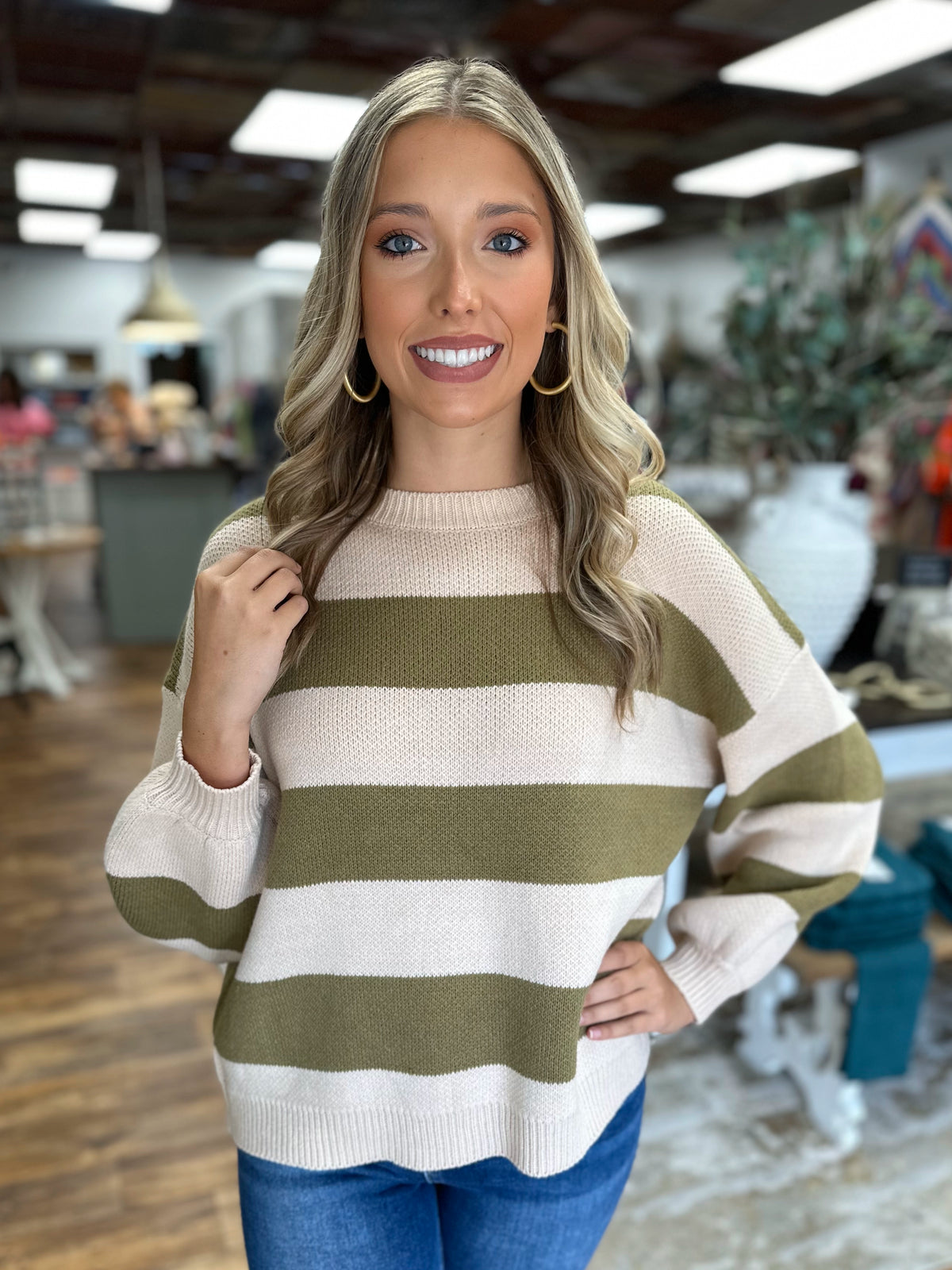 Olive and Cream Striped Sweater