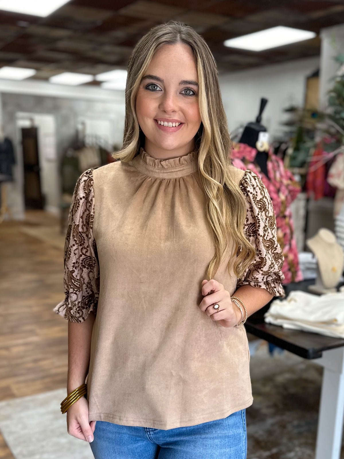 Paisley Embroidered Sleeve Suede Top