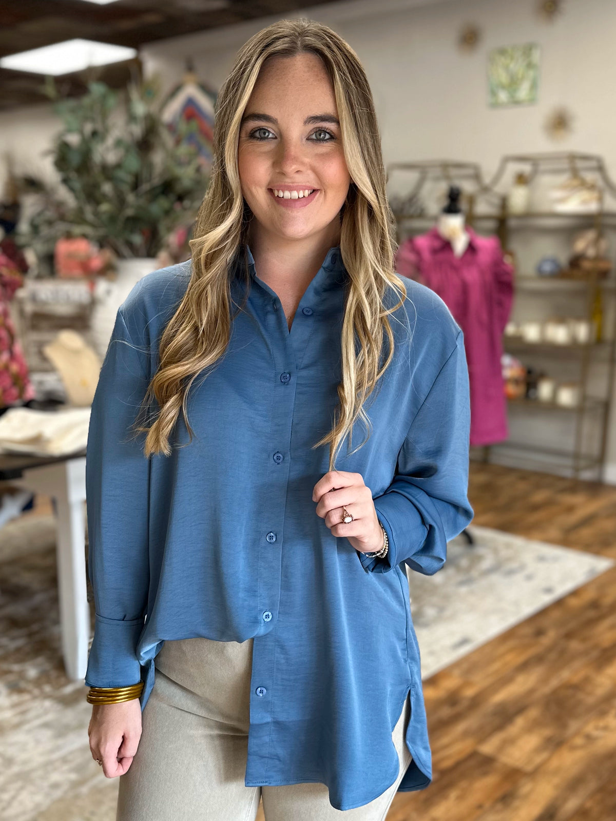 Silk Solid Button Down in Gray Blue