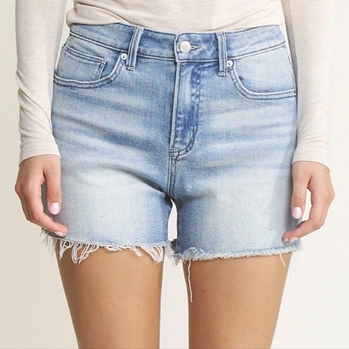 High Rise Frayed Hem Shorts in Cool Indigo