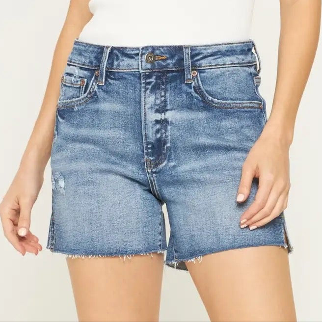 High Rise Frayed Hem Shorts in Vintage Blue