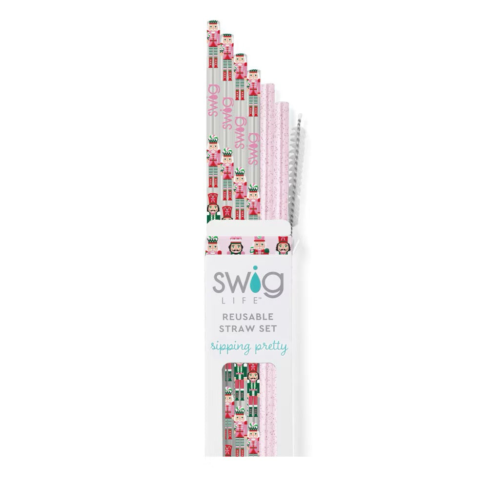 Sugar Plum Soldiers + Light Pink Glitter Reusable Straw Set