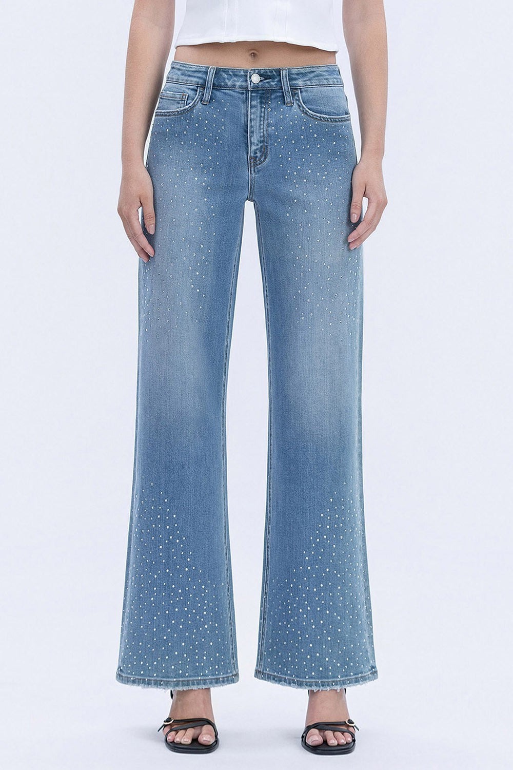High Rise Front Rhinestone Embellished Wide Jeans