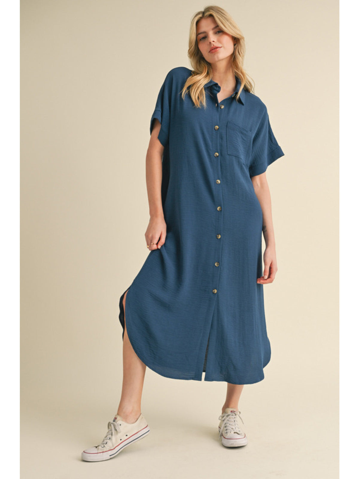 Solid Button Down Midi Dress in Ink Blue