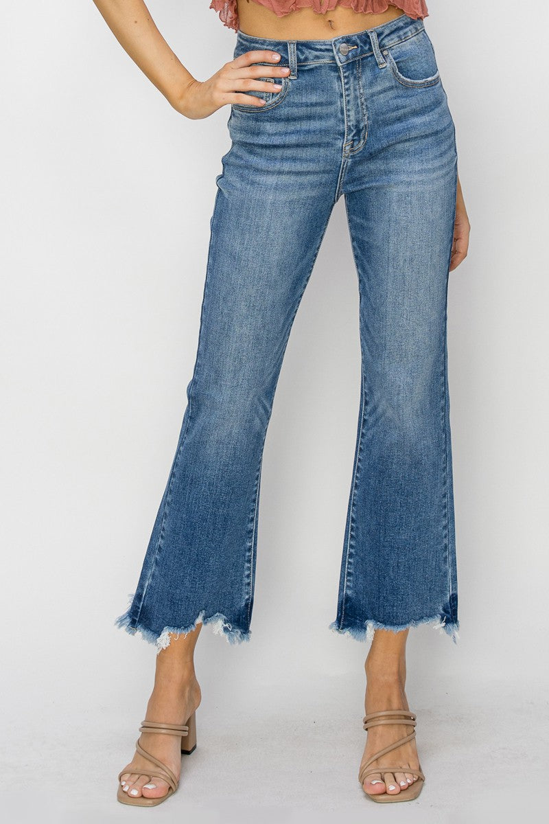 High Rise Crop Flare Fray Hem Jeans in Medium